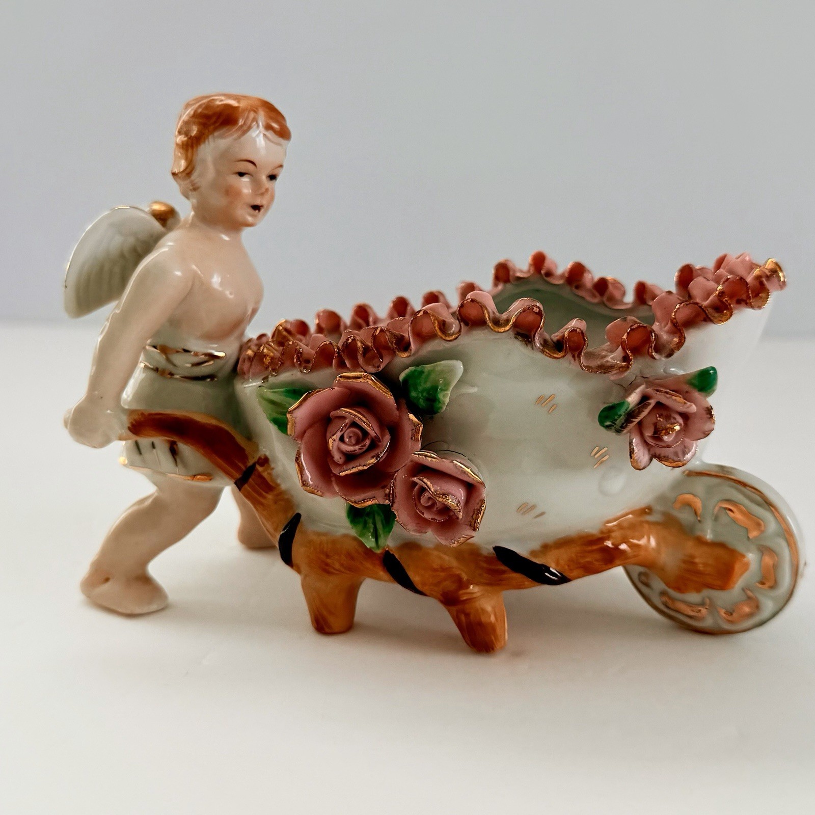 Vintage Porcelain Cherub Putti Pushing Wheelbarrow Bone China Lace Japan 6”