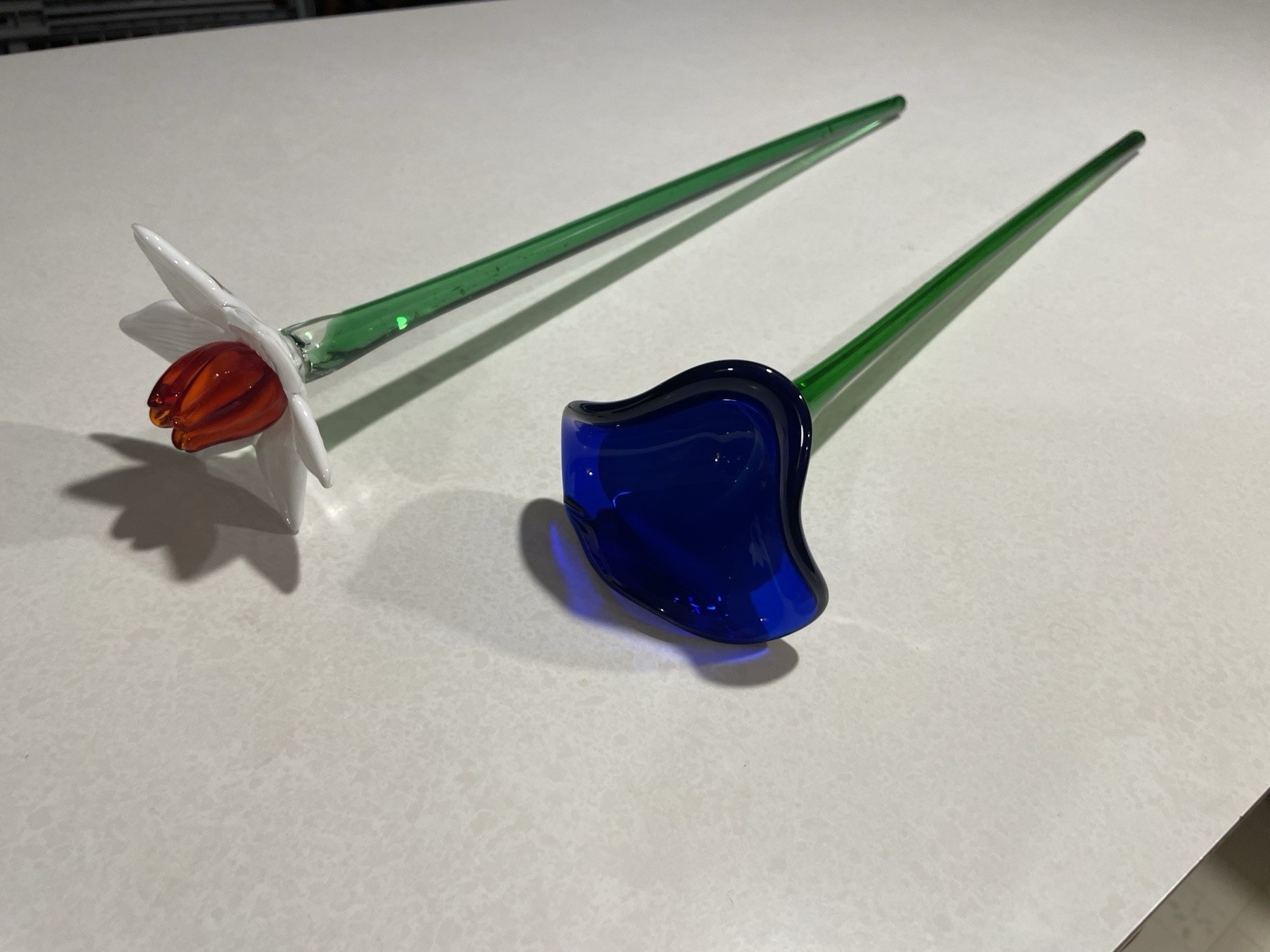 Vintage Set Of 2 Art Glass Flowers with Long Stems Each 20” Long