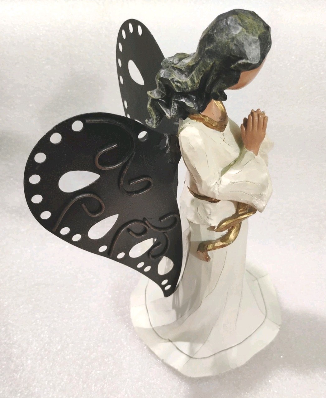 Ceramic Praying Angel Metal Wings Gold Sash