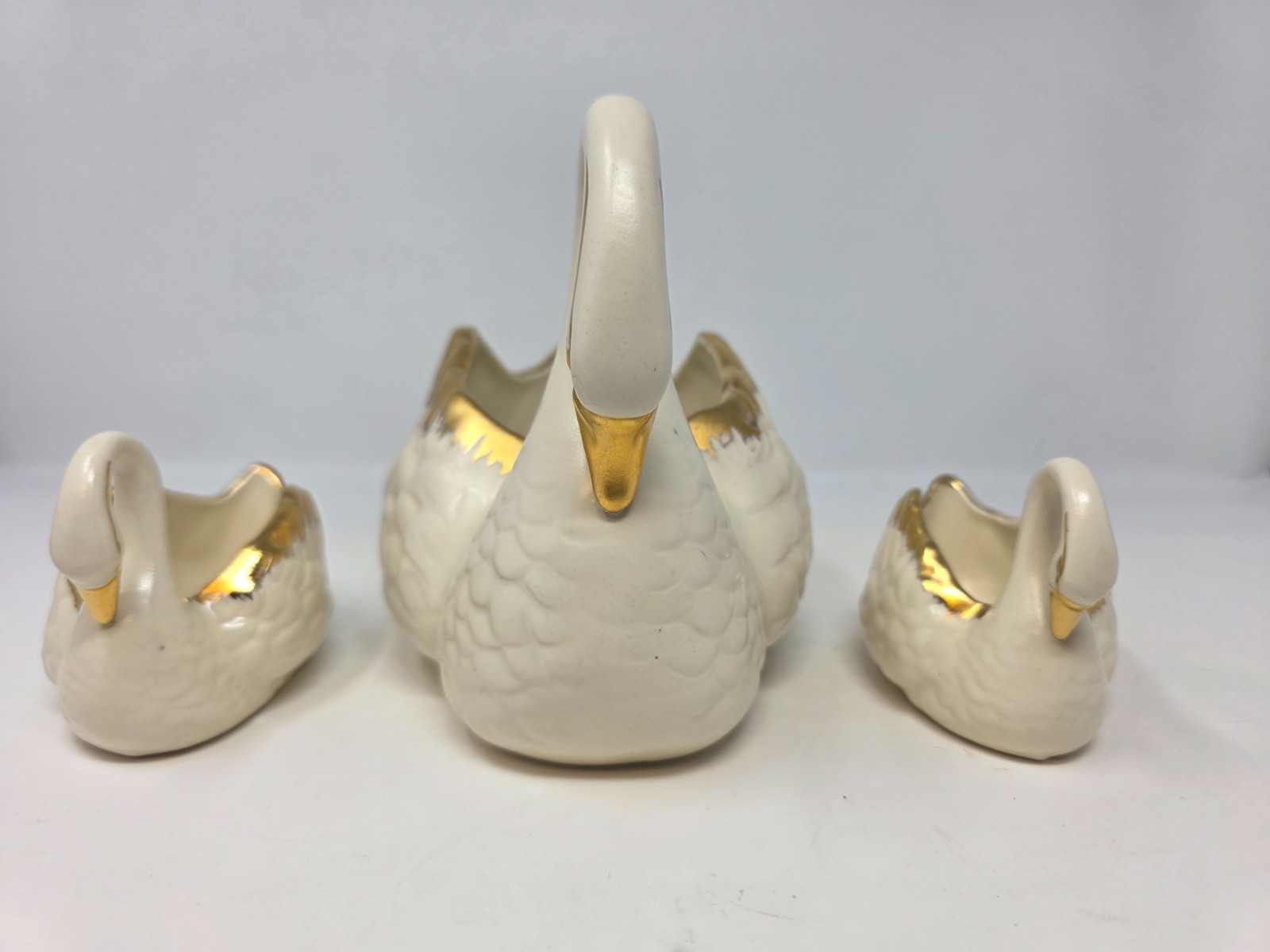 Vintage 3 Pc White Ceramic Swan Planter Set 24 KT Gold Trim Made In USA