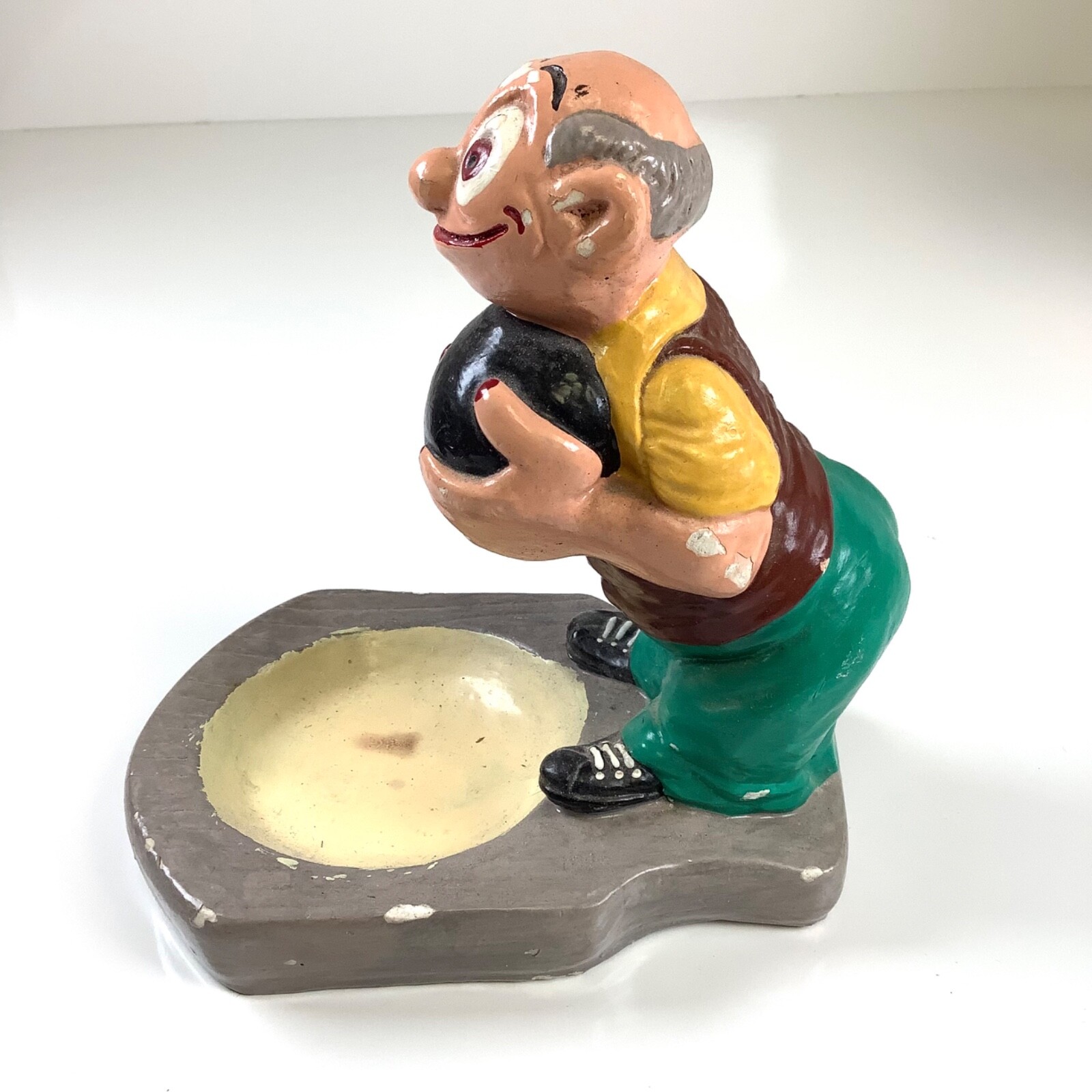 Vintage Plaster or Chalkware Bowling Bowler Key Change Dish Vanity Dresser Tray