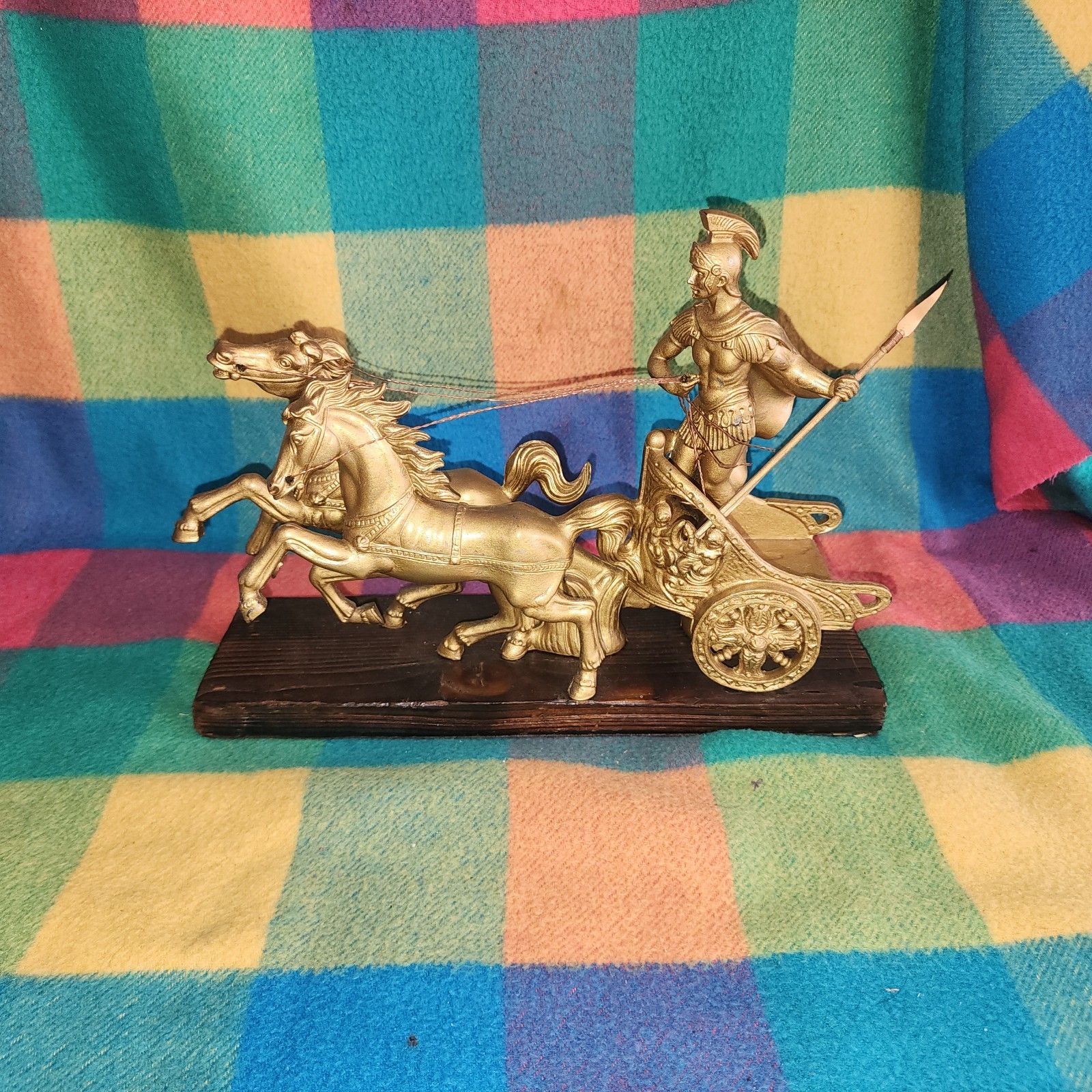 Vntg Roman Soldier Spear Chariot Horses Golden Resin Statue on Wood Base Italy
