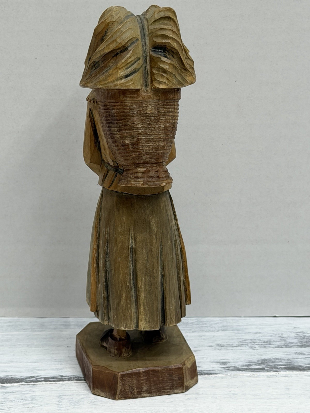 VTG German Black Forest Hand Carved Linden Wood Sculpture Woman Basket Folk Art