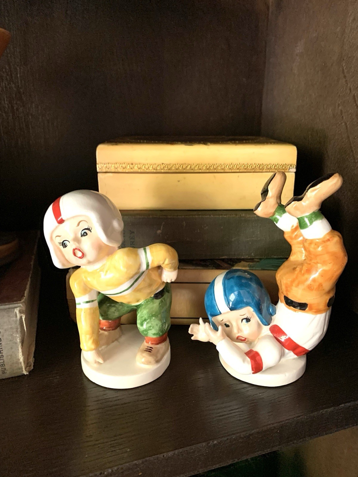 Vintage Pair Napco Figurines Boys Football Nursery Decor 1956 EUC