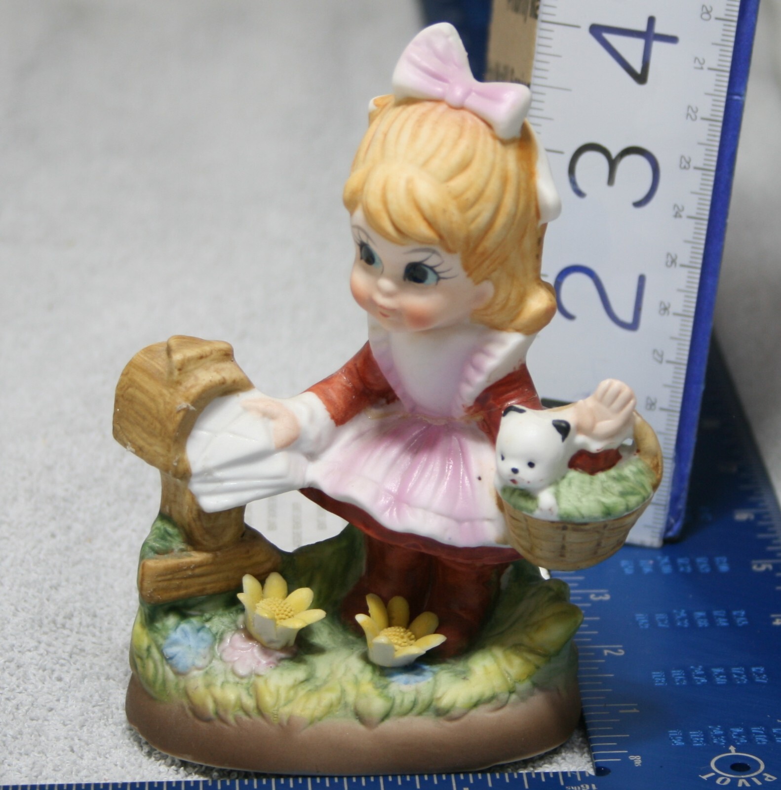 ARDCO Girl with Basket at Mailbox Cat in basket Ceramic Porcelain Figurine