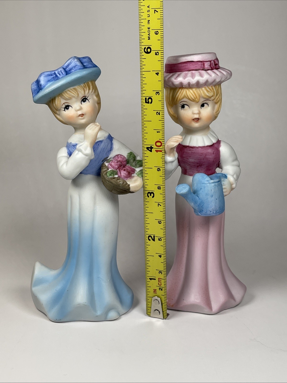 Vtg Sisters Pink Blue Porcelain Girl Figurines Flower Basket Watering Can Pair