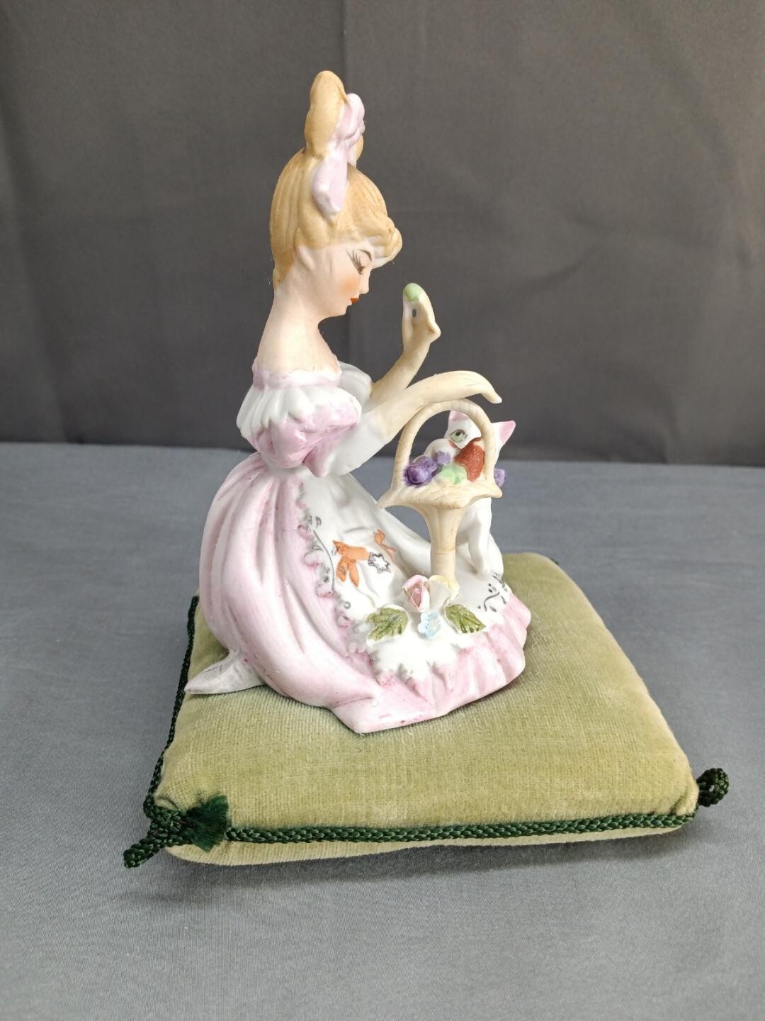 Vintage Lenwile Ardalt Girl with Cat on Velvet Pin Cushion Pillow Hand Painted