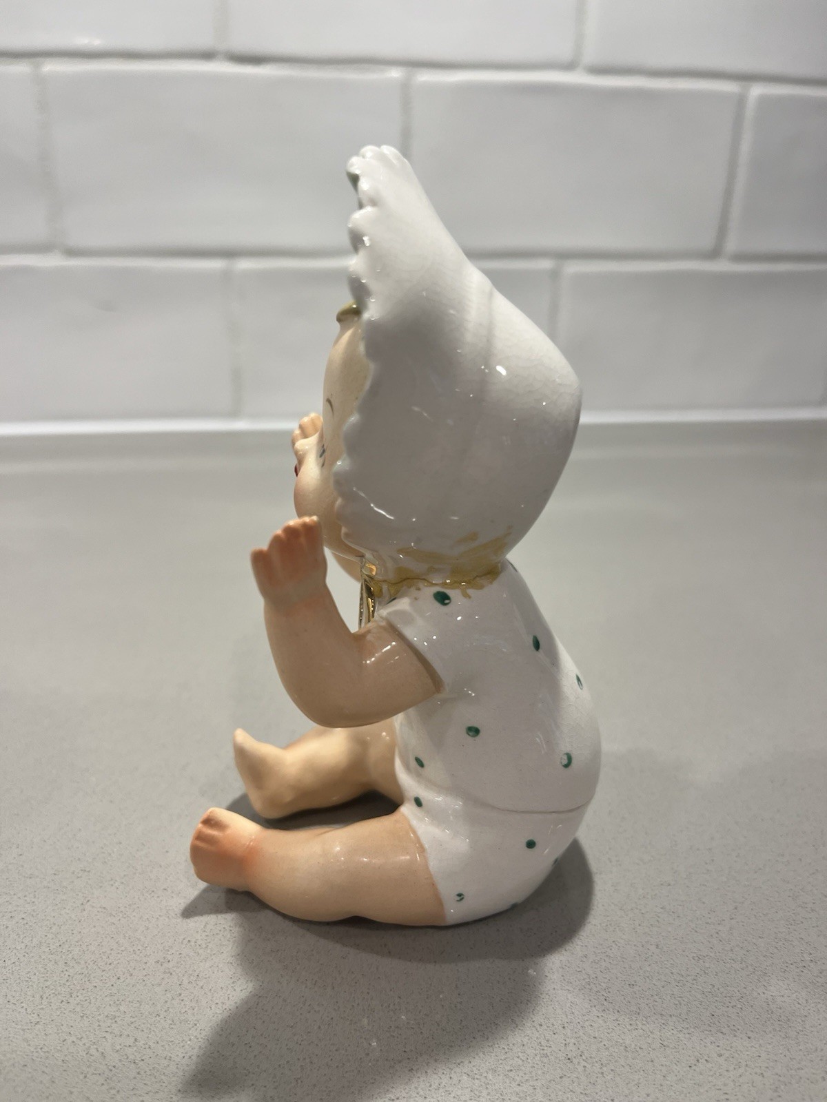 Ceramic Baby Figurine and Carriage Set, Hand Painted, Glossy, White/Gold