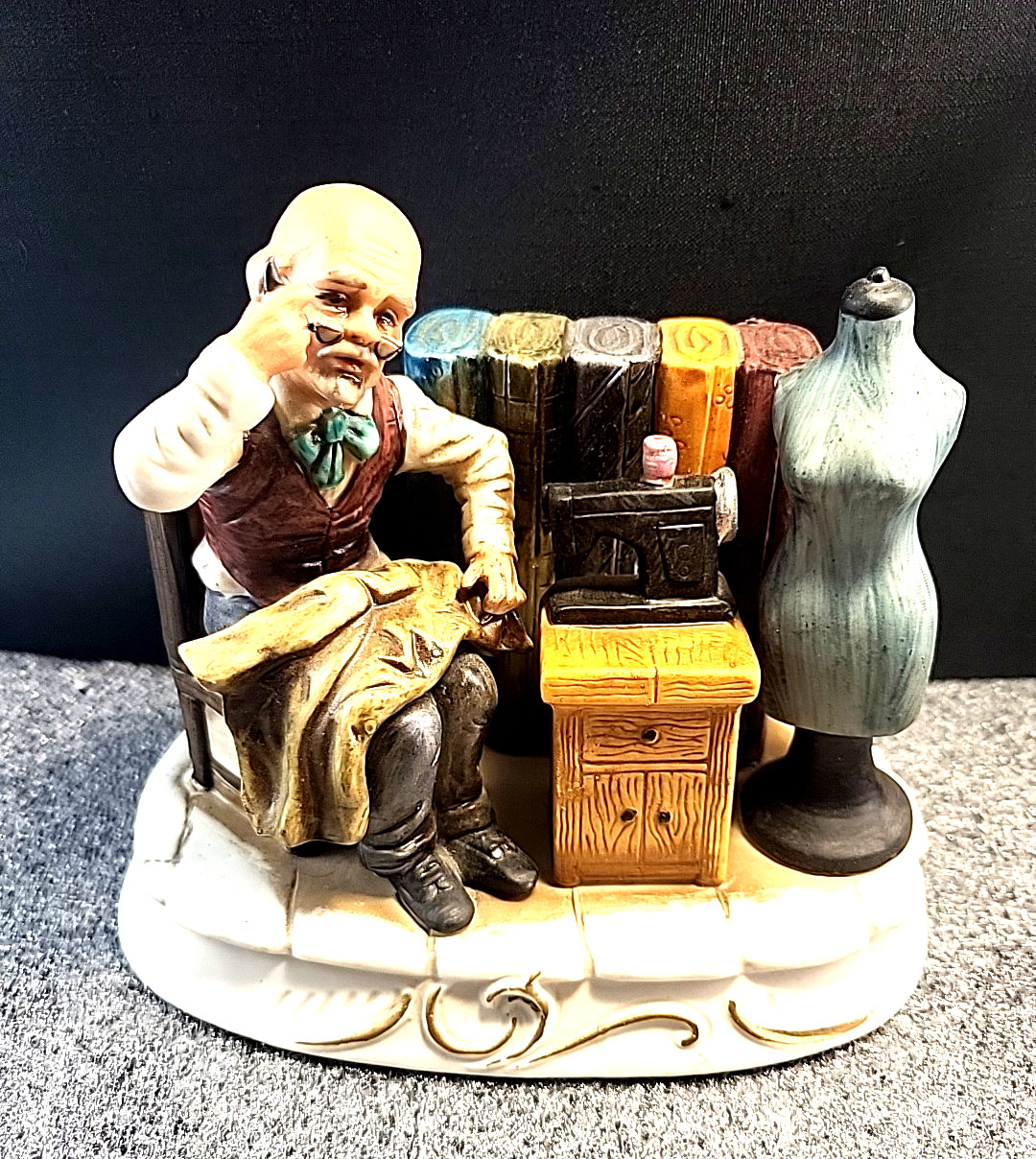 Vintage Porcelain Man Tailor Sewing Machine Fabric Bolts Mannequin-Japan
