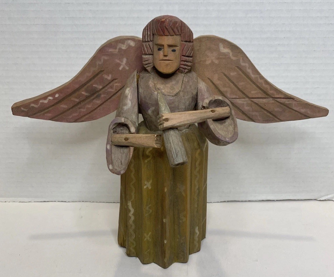 Handmade Wooden Folk Art Angel Musical Instrument Hand Carved Primitive Figure
