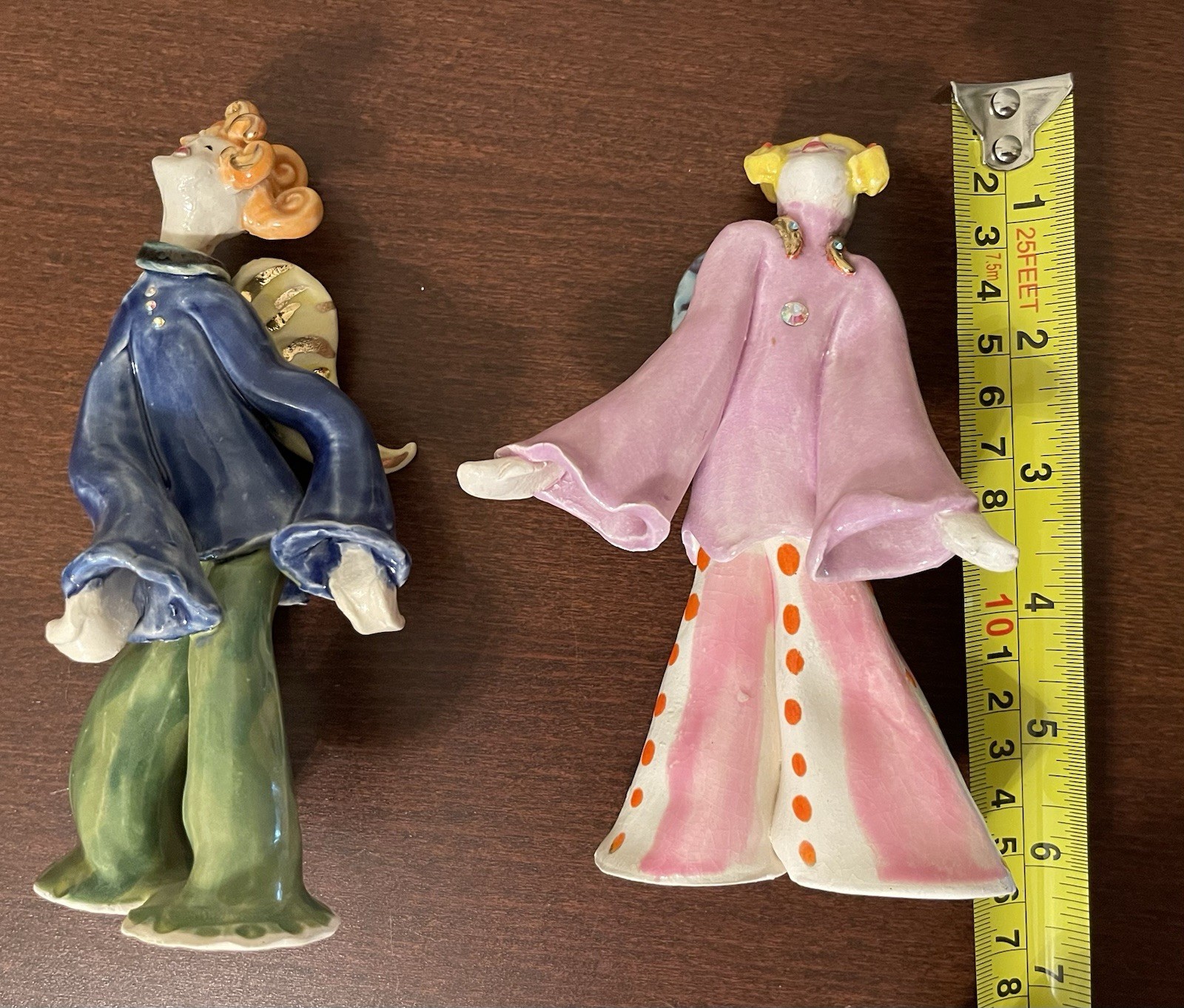Pair Y2K 2 Studio Pottery Whimsical Folk Art 6” Pink & Blue Angels Signed RA 00