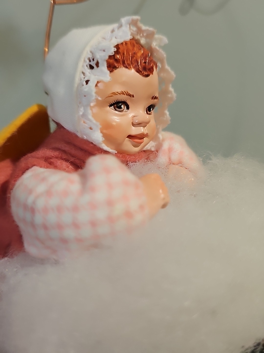 Vintage Simpich Cloud Baby “Amy” Angel Ornament – Gold Label – Checkered Pink