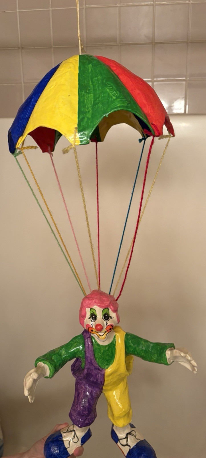 Vtg Papier Mache Parachute Clown Folk Art Balloon Figure Circus Decor Paper 29″