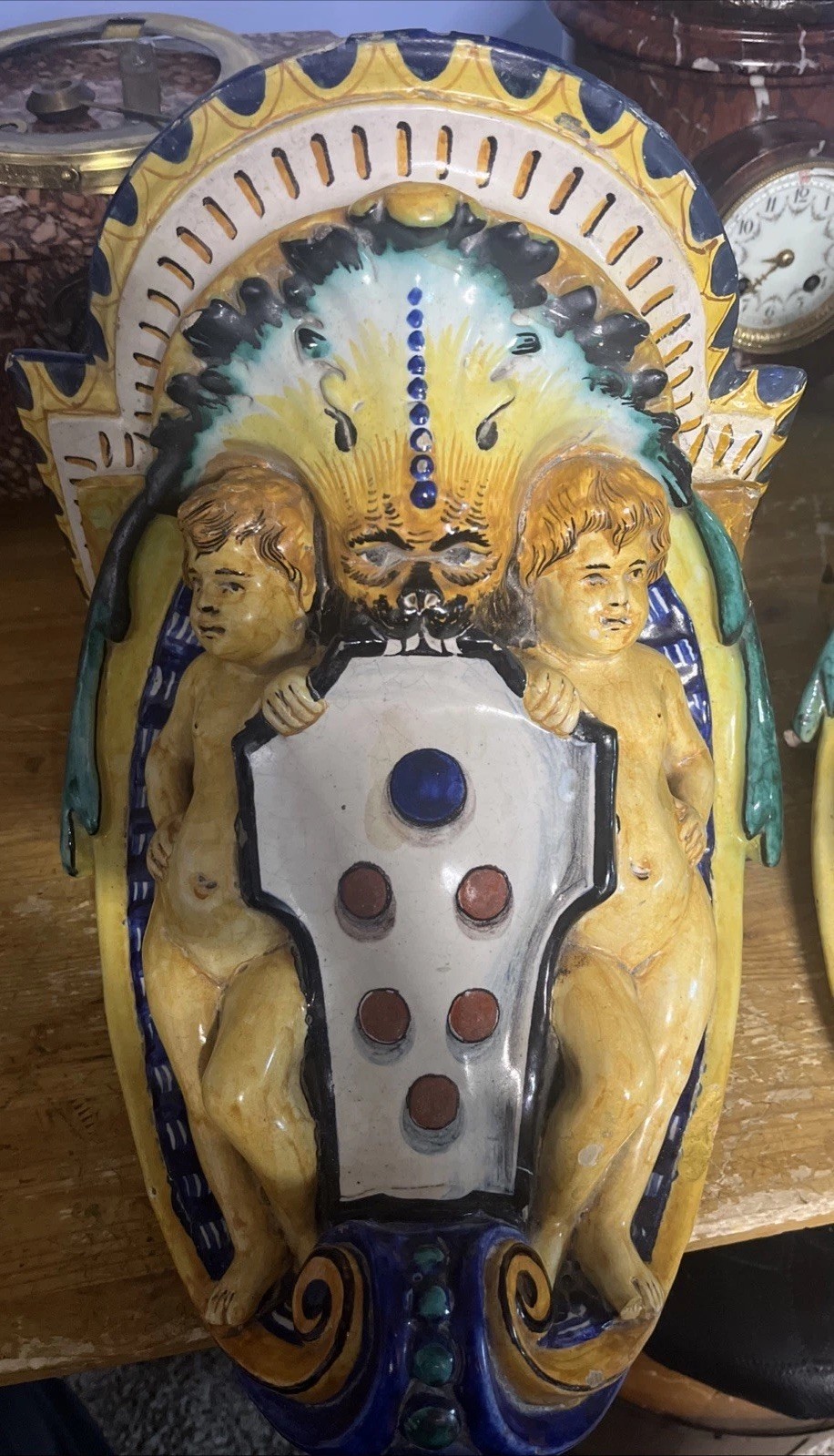 Antique Italian Majolica Putti Heraldic Wall Plaques (pair).