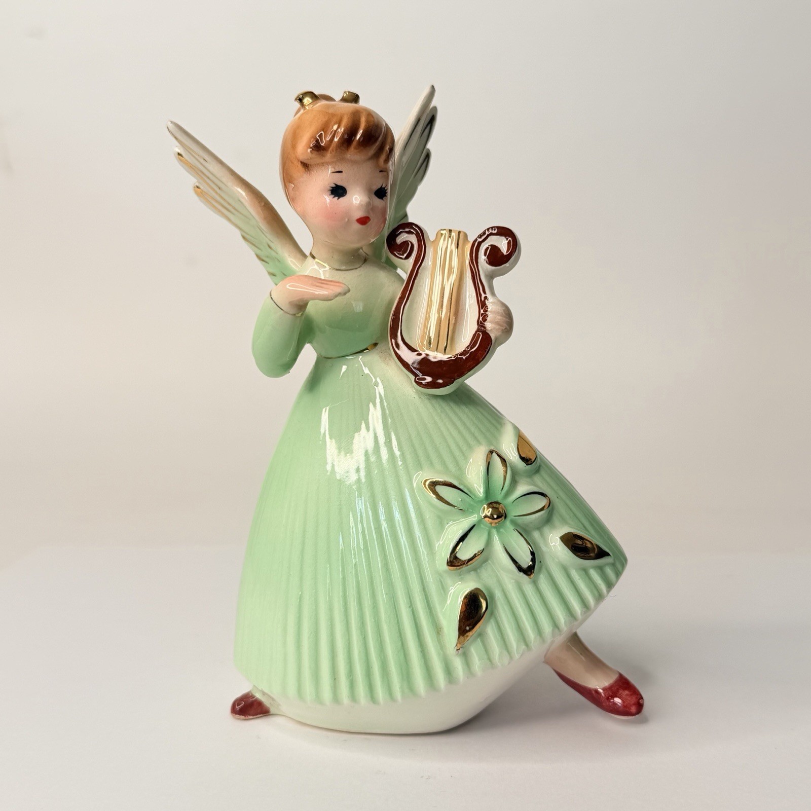 Vtg RARE Tall Angel Figurine harp MMG Japan Green Dress Early Josef Mold HTF