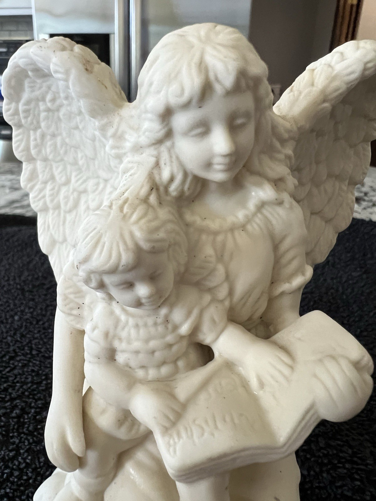 White Angel Reading to Child – Wings Candleholder Gold Rim Religious Decor