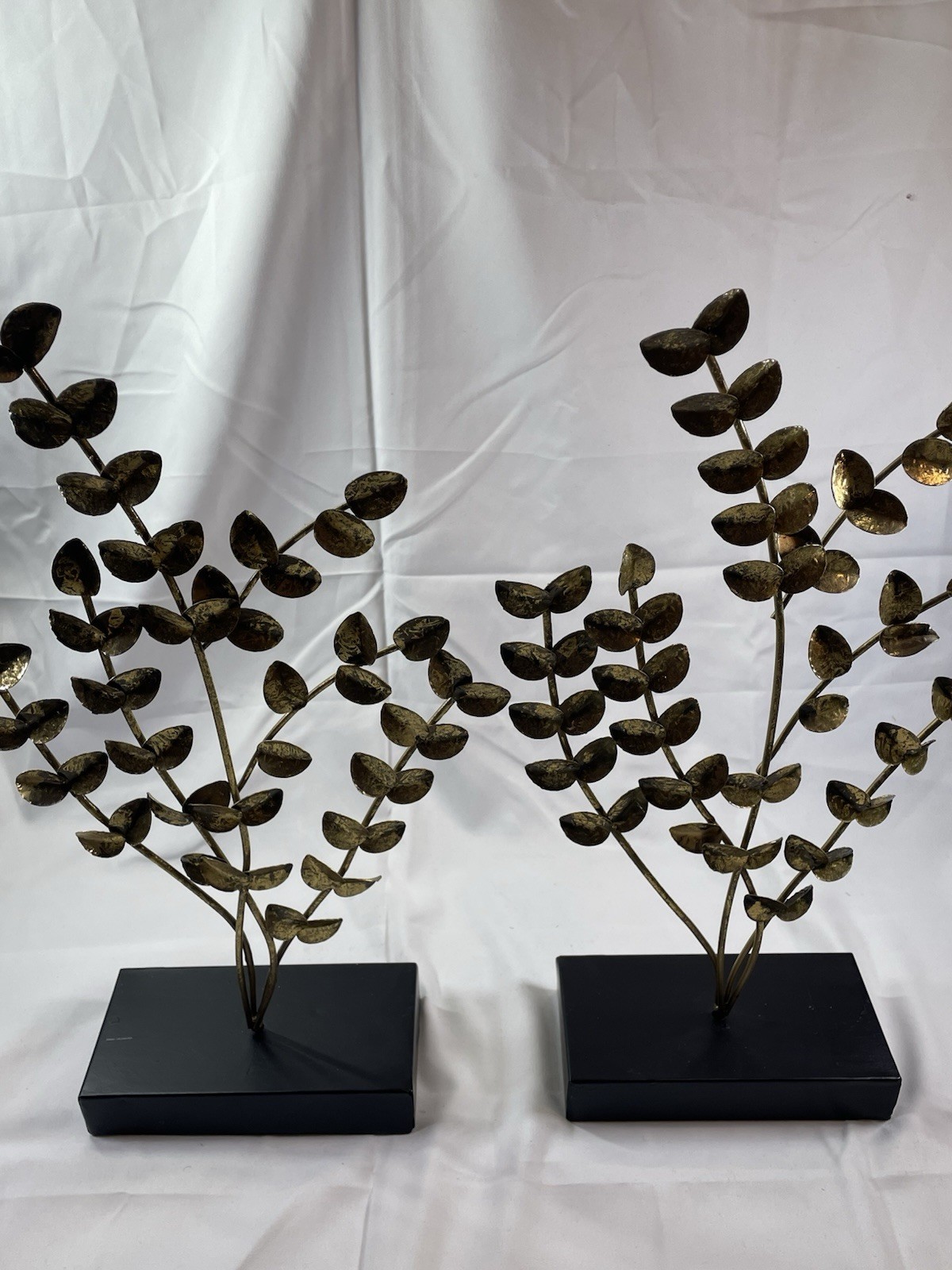 Pair of Gold Metal Leaf Sculptures Freestanding Modern on Black Base