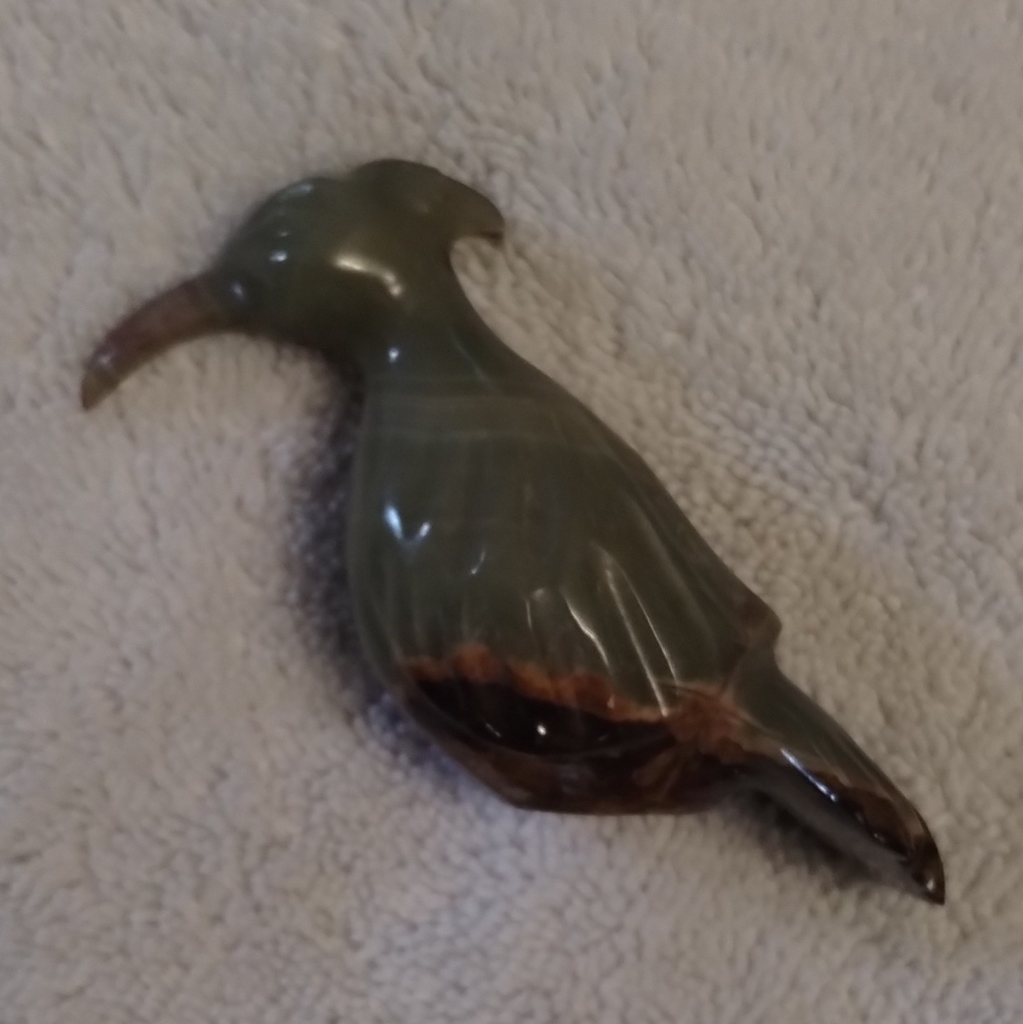 Carved Stone Bird Figurine Green & Brown Polished Finish Decorative Sculpture