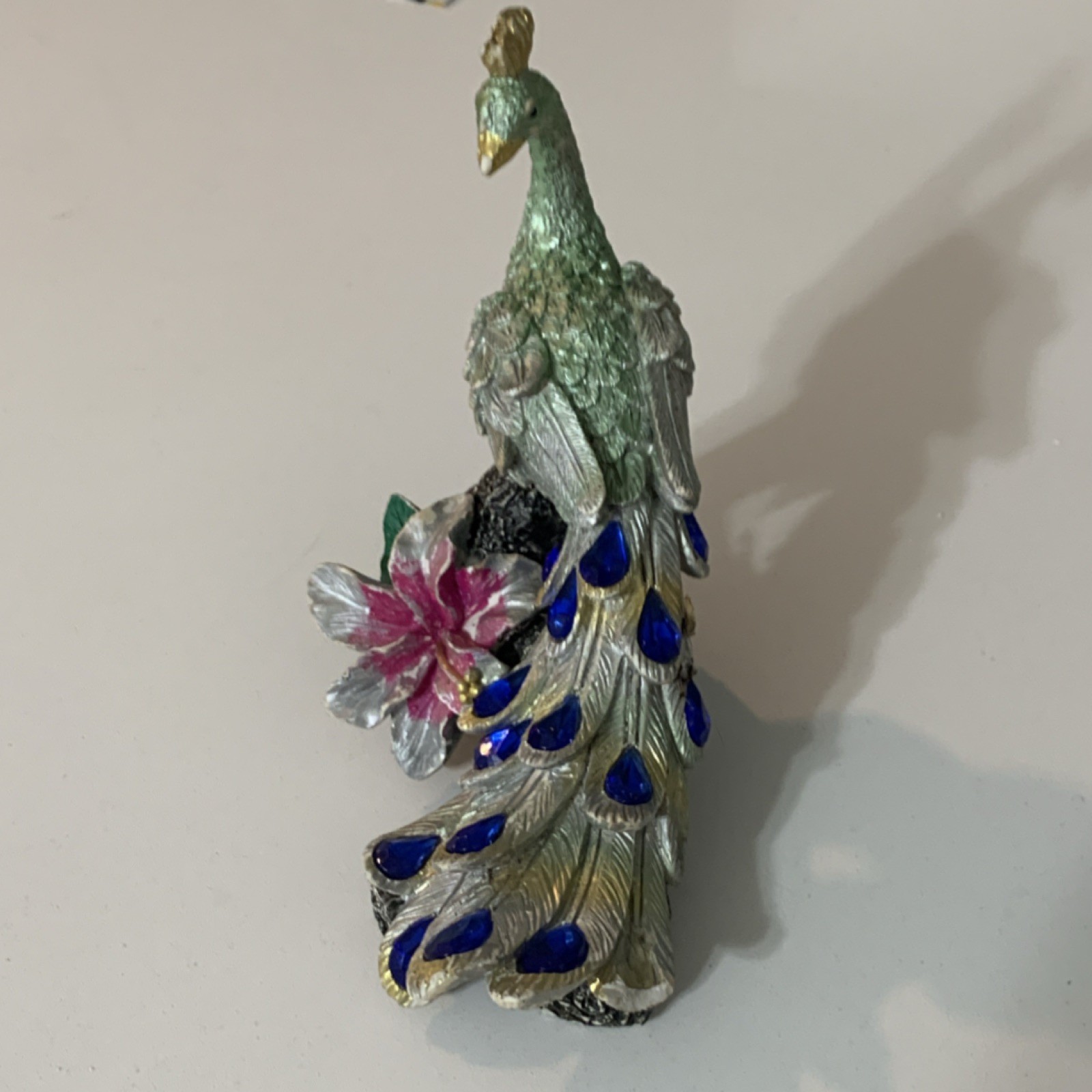 Metallic Peacock Figurine Silver Blue Green Pink Metal Animal Decor