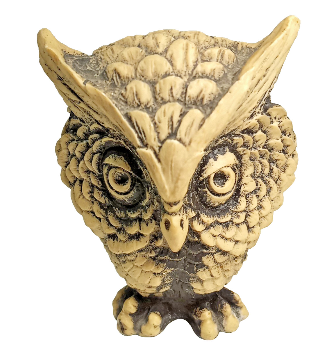 Owl figurine vintage, beige & black resin, 5 ” tall but weighs 1 lb 5 oz, Unique