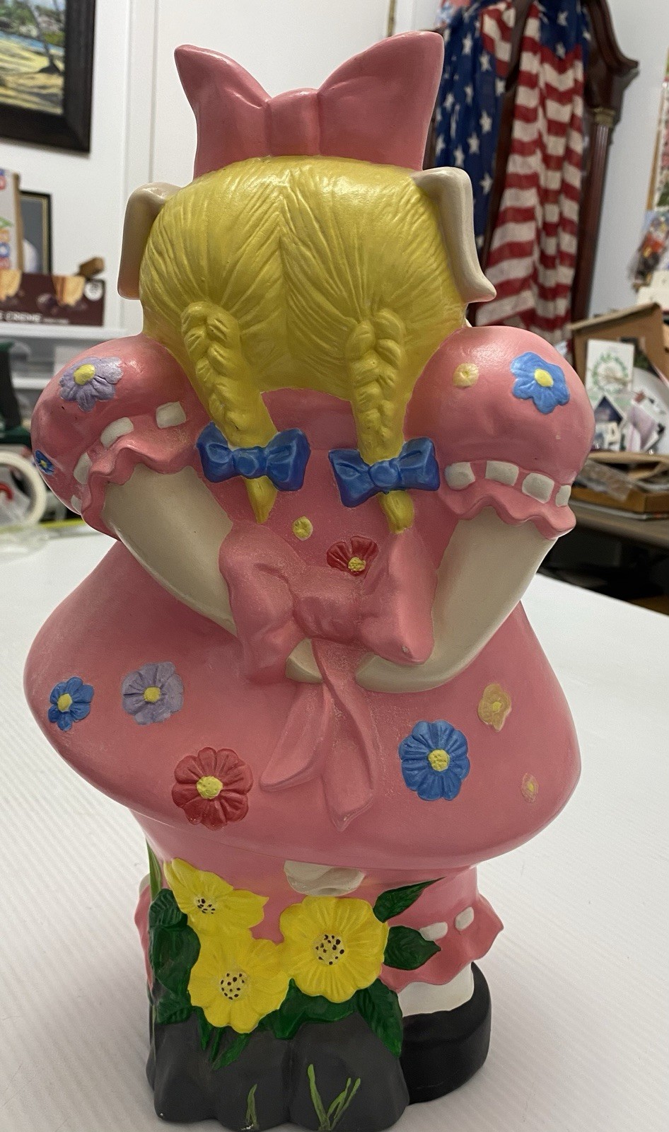 Vintage Extra Large Hand Painted Pink Ceramic Girl Pig With Bow Figure 14″ Tall