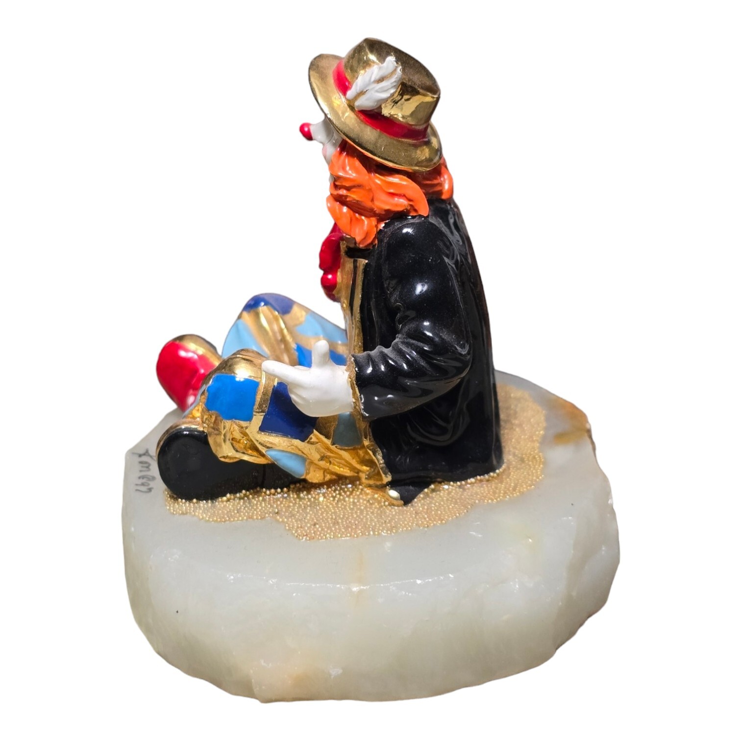 Ron Lee 1997 Thumbs Up Sitting Cross Legged Clown on Onyx Base 3 3/4″ Tall
