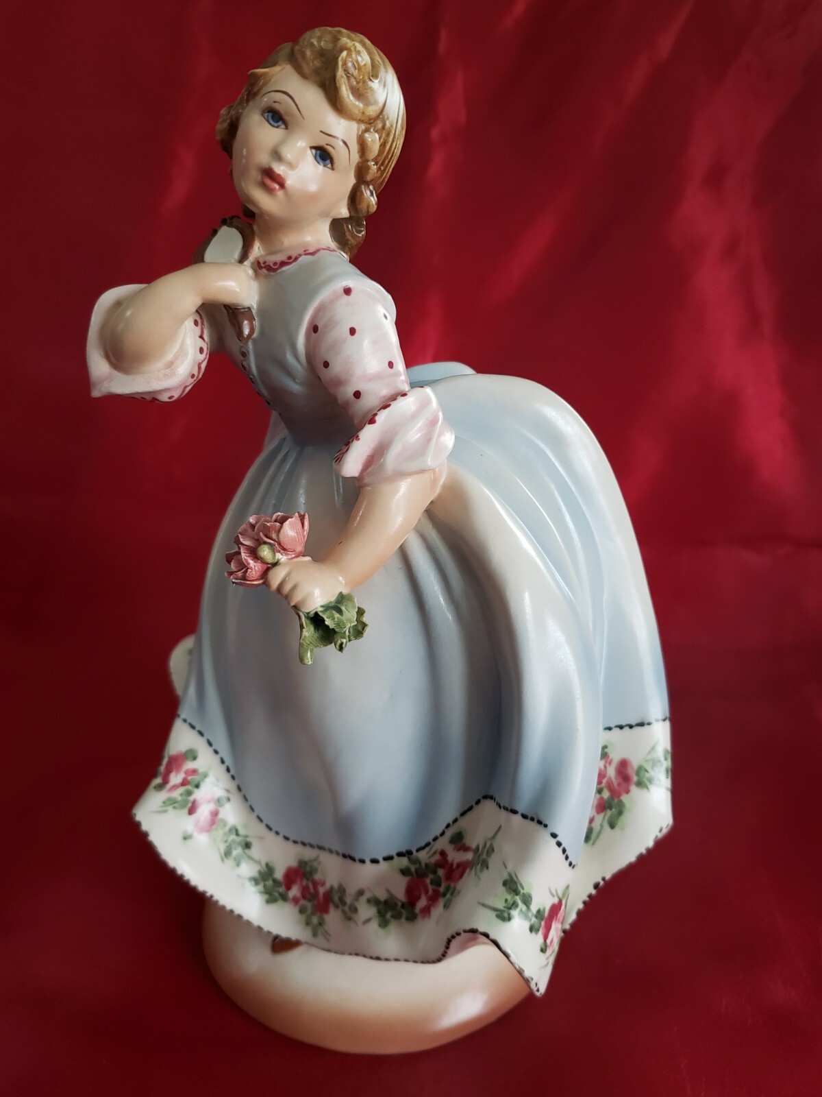 Porcelain Signed Girl Figurine with Mirror and Flowers 10.5″ Tall Made in Italy