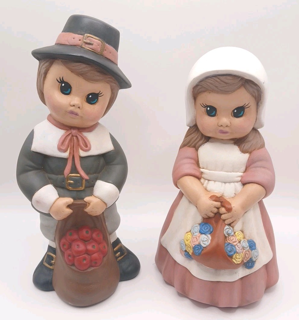 Vtg Dona’s Mold Ceramic Darling Pilgrim Girl & Boy Figurines Hand-painted 1987