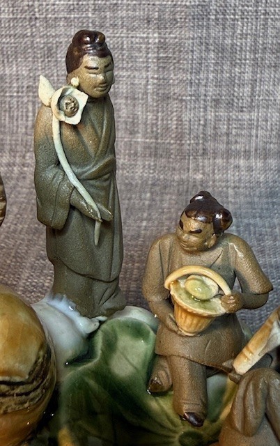 Chinese Mud Men 8 Immortals on Water Lilypad Display Figurine, Sculpture Ceramic