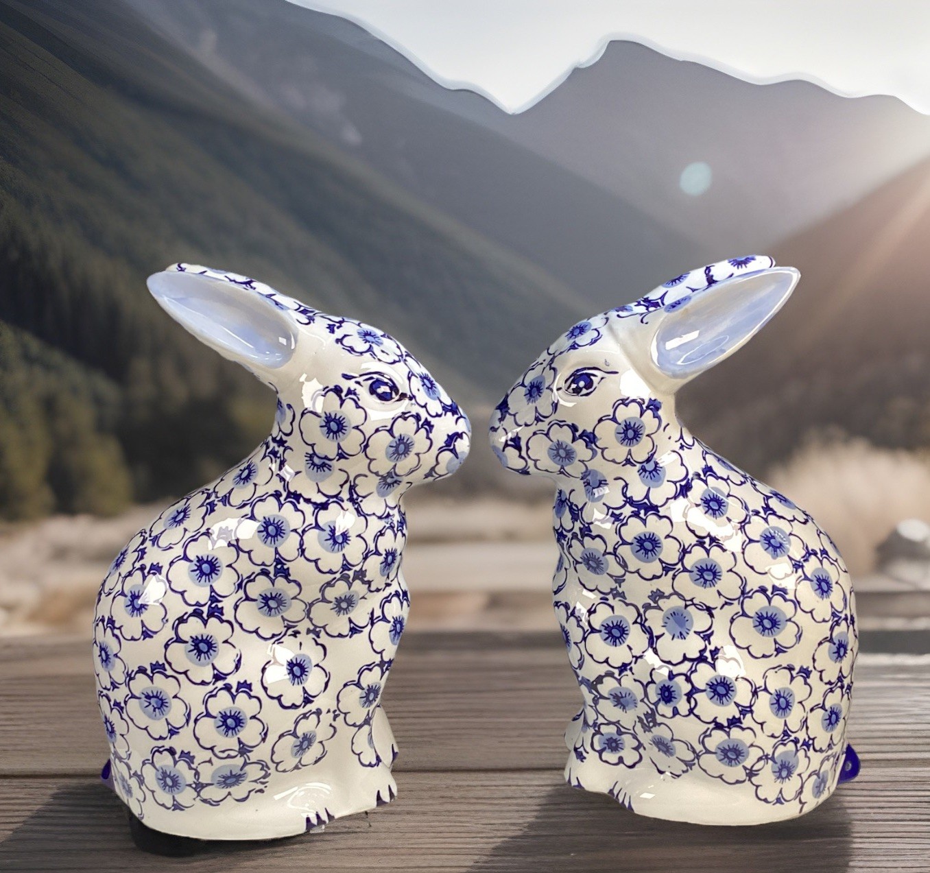 Two Chinoiserie Style Blue And White Ceramic Floral Bunnies /Rabbits