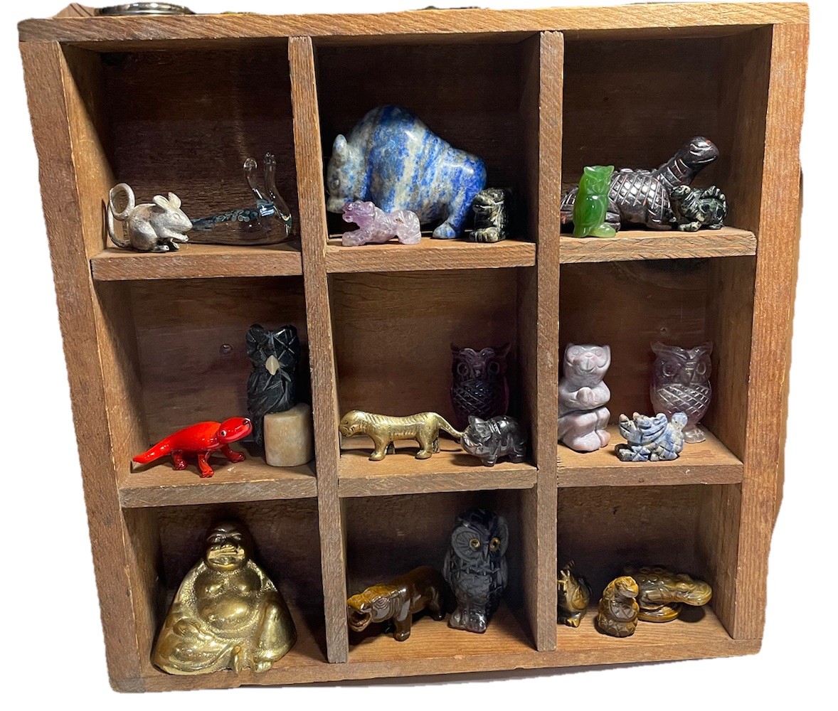 Vintage Rustic Shadow Box W/ Vintage Miniatures/Fetishes, Lapis, Amethyst, Jade