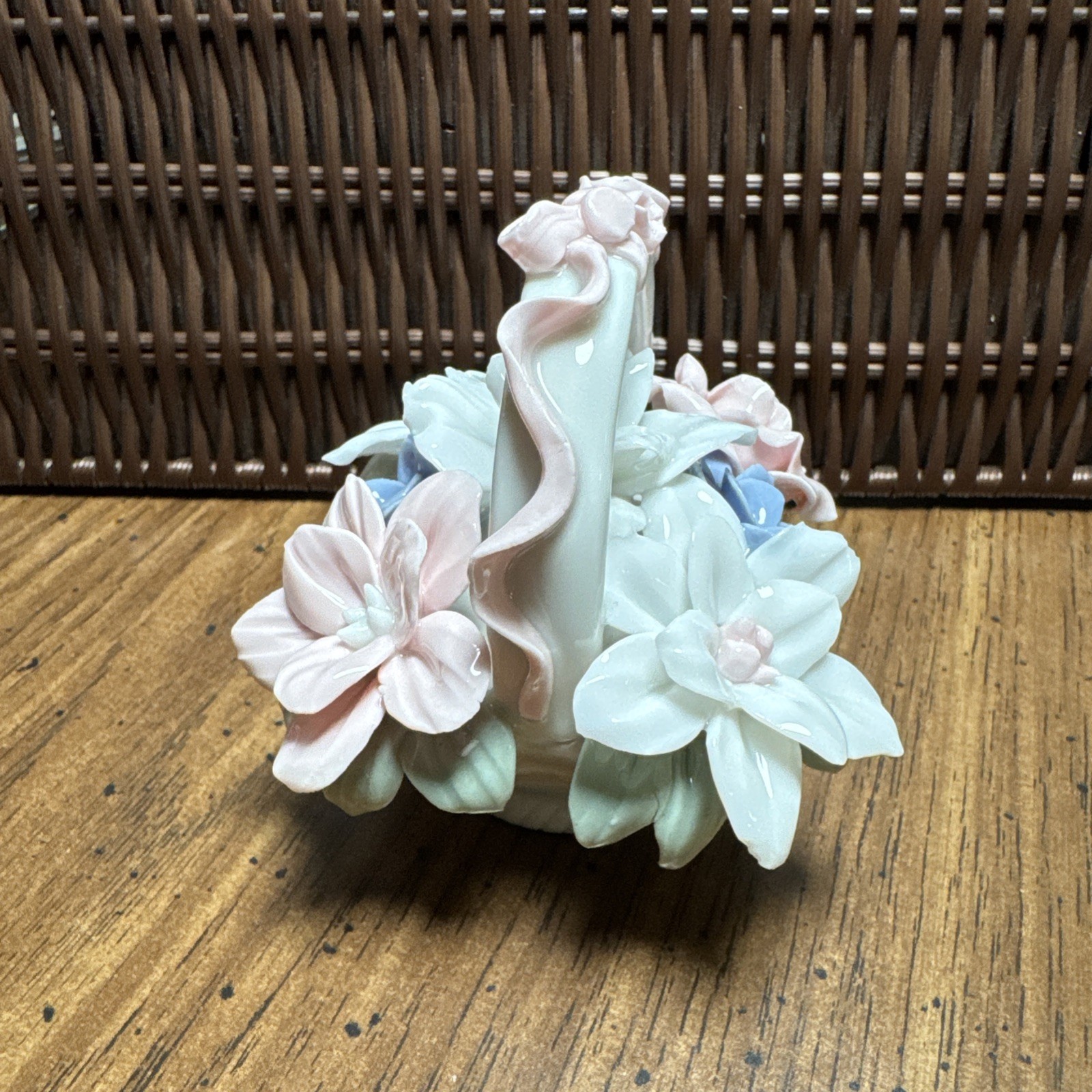 PORCELAIN BASKET OF FLOWERS glossy finish 3″ x 3.5″ In perfect shape!